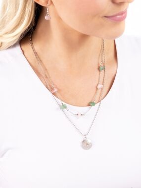 Silver Layered Necklace Set with Pink and Green Gem Accents